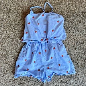 Boden Girls 8-9 Blue Strawberry Embroidered Romper